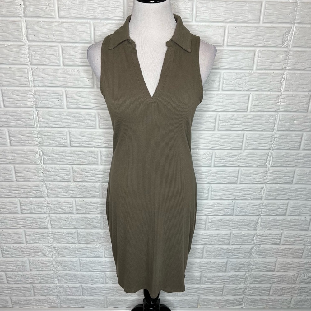 EXPRESS Ribbed Sleeveless Polo Dress Olive Green Size M